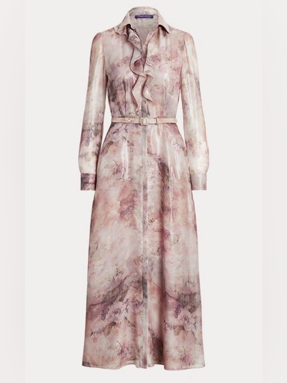 Ralph Lauren Purple Label Floral Pink Metallic Silk Shirt Dress With Belt
